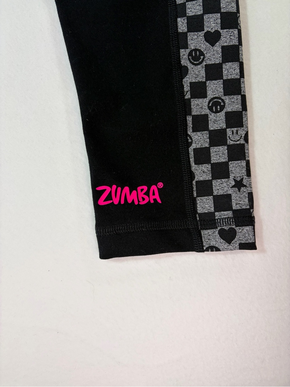 Zumba Fitness Black Leggings with Hot Pink Waistband and Gray Check Panels - Picture 6 of 7